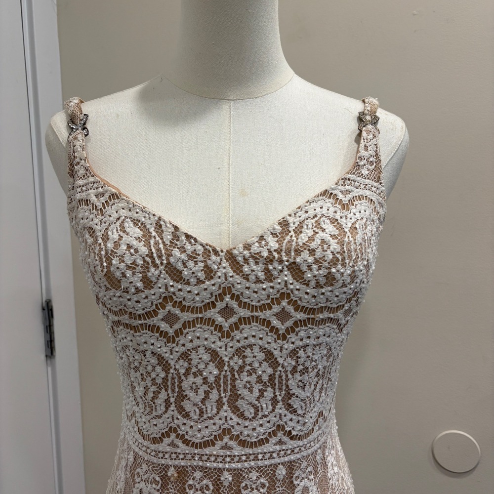 VTG 90s NiteLine White Lace Beaded Tan Mini Dress 2 Bridal Goth Witchy Coquette - Picture 4 of 16